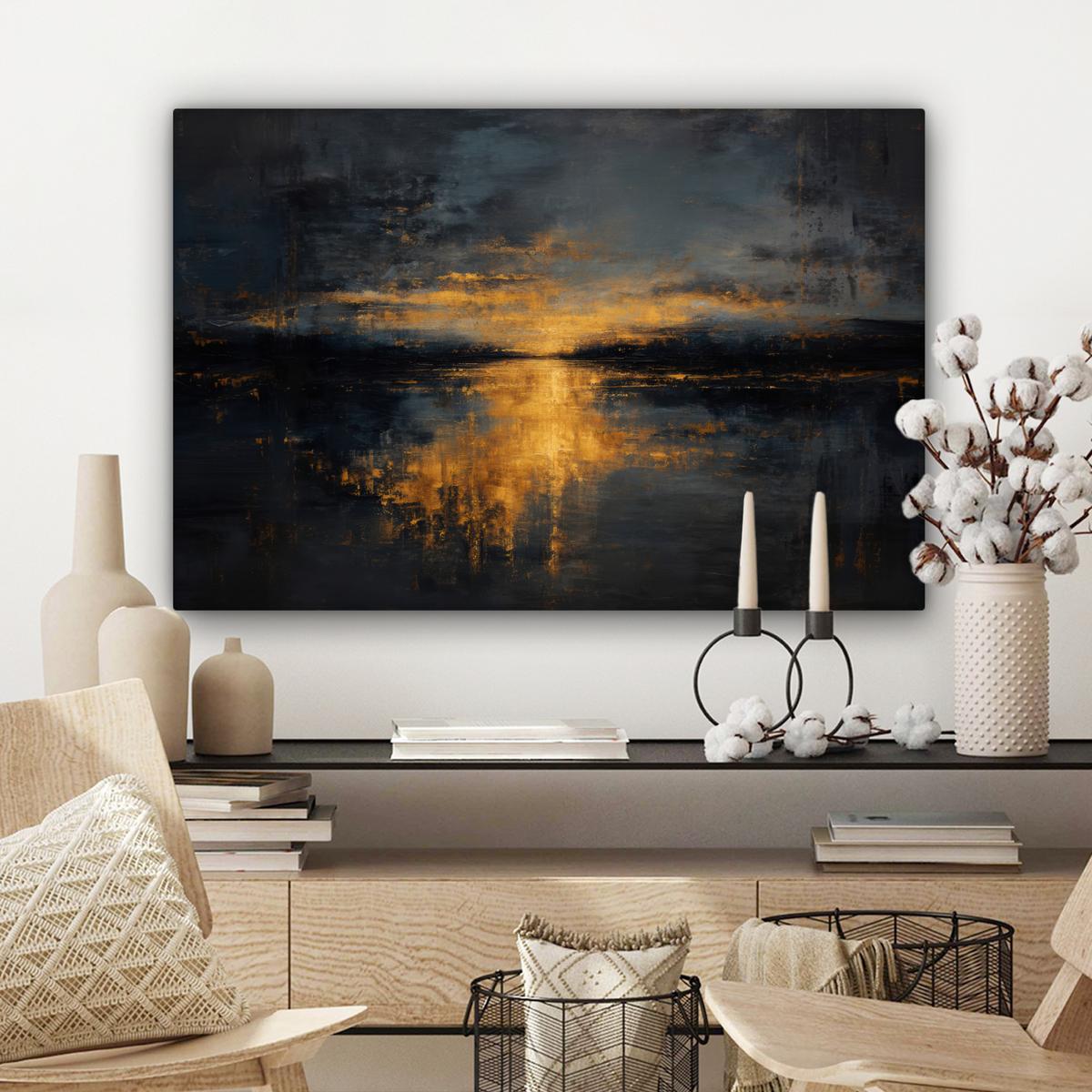LEINWANDBILD Goldene Reflexion auf dem Wasser Gemälde 60x40 cm - Anthrazit, Textil (60/40cm) - MuchoWow