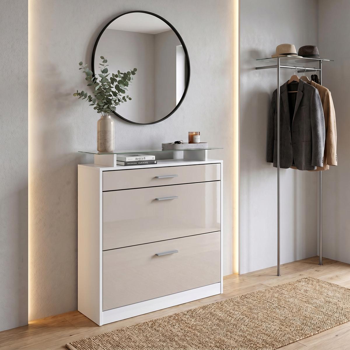 SCHUHSCHRANK Loret Front in Sandgrau Hochglanz - Sandfarben, Holzwerkstoff (89/104/23cm) - Vladon
