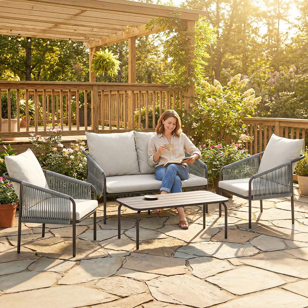 RATTAN-GARTENMÖBEL-SET 4er Set Stahl PE-Rattan Khaki - Hellgrau/Schwarz, Textil/Metall - Outsunny