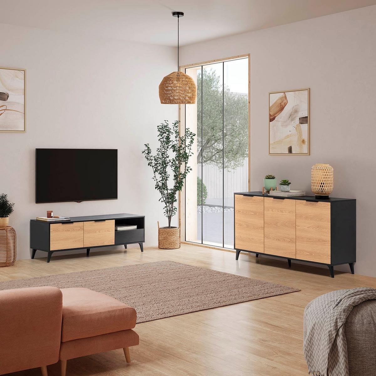 SIDEBOARD Kalma 3 Türen Schwarz/Eiche - Schwarz, Holzwerkstoff (136/76/40cm)