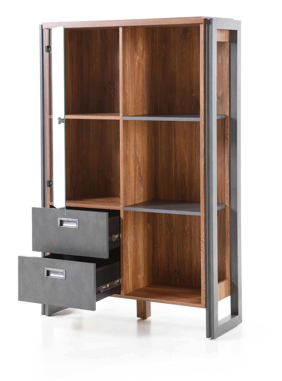 HIGHBOARD Eiche Stirling, Matera grau, Vitrine 90 x 140 cm - Eichefarben/Grau, Holzwerkstoff/Metall (90/140/33cm)
