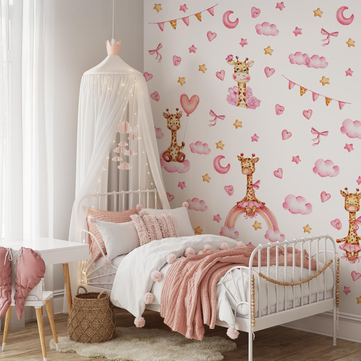 STICKER SET für Kinder Giraffen rosa Wolken Monde Sterne 120x60 - Gelb/Beige, Papier (120/60/1cm) - Muralo