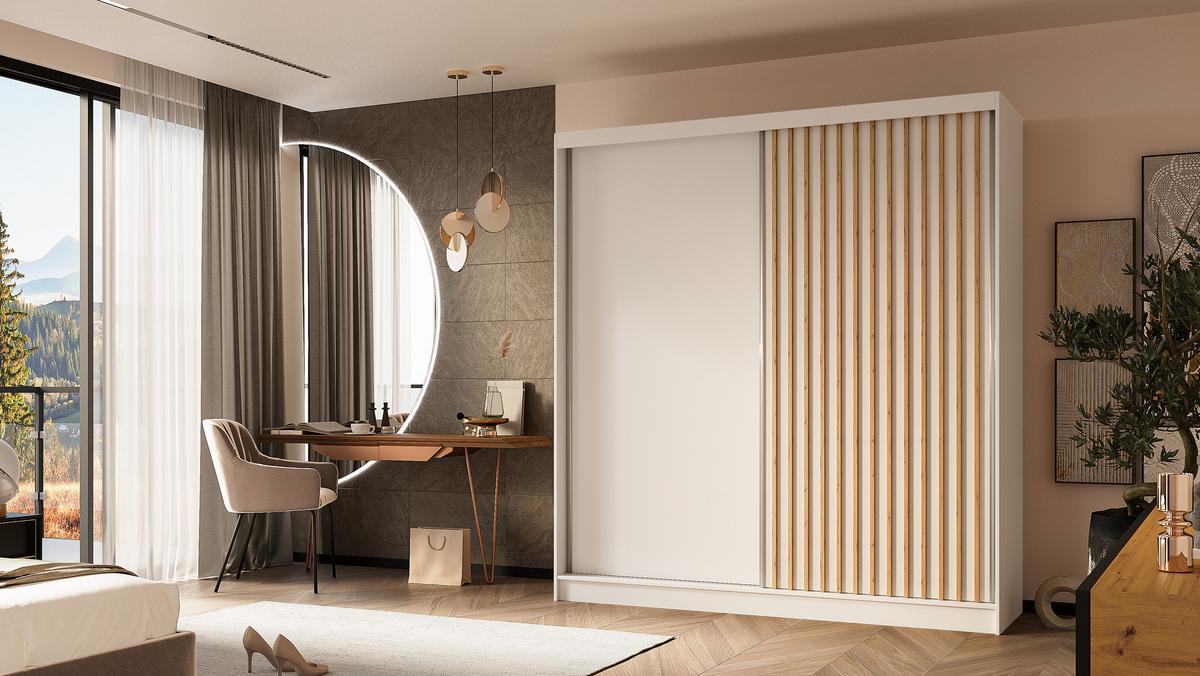 KLEIDERSCHRANK mit furnierten Schiebetüren und Aluminium-Leisten - LABELO - 200 cm Weiß+Weiß+Artisan - Weiß/Eiche Artisan, Holzwerkstoff (200/216/61cm) - ALTDECOR
