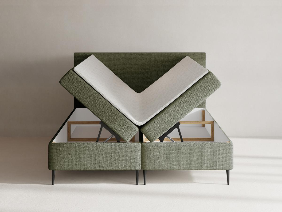 BOXBETT Alba Rise mit Bettkasten, Grün Chenille 180x200 cm – inkl. H4 Taschenfederkern Matratze & Foam Topper - Schwarz/Grün, Holz/Textil (180/200cm) - WFL GROUP
