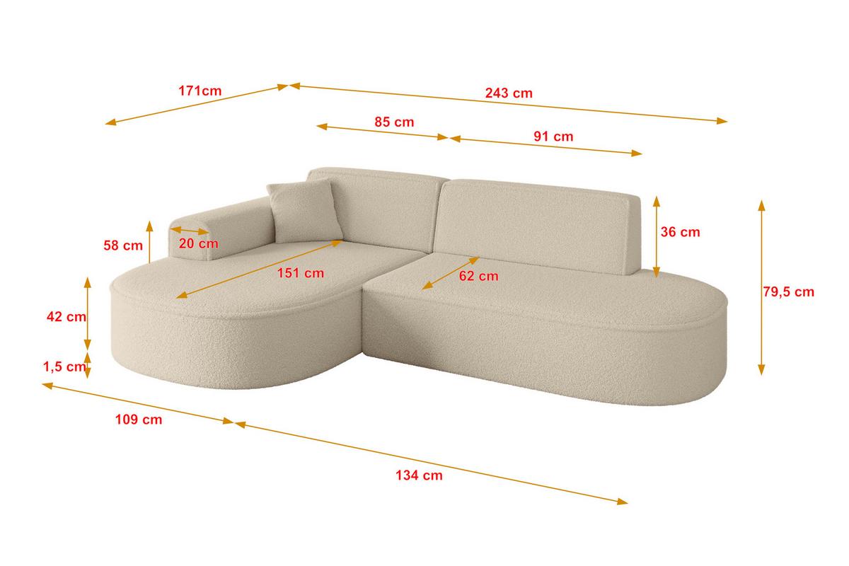 ECKSOFA Ottomane Links MARI-L1 - 243x171x79 cm Dunkelbeige Bouclé - Hellbraun/Schwarz, Holzwerkstoff/Kunststoff (243/171cm) - ALTDECOR