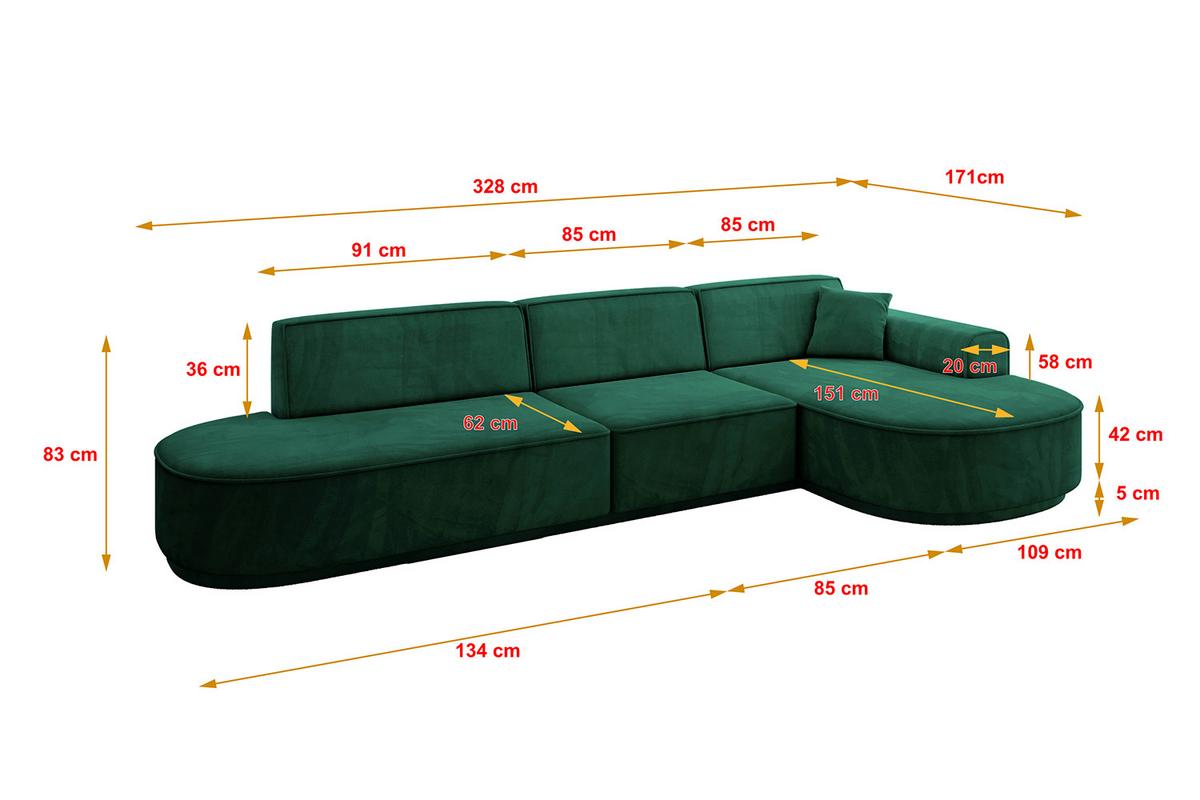 ECKSOFA Ottomane Rechts MARI-L2-v3 - 328x171x83 cm Grün Velours - Schwarz/Grün, Holzwerkstoff/Kunststoff (171/328cm) - ALTDECOR