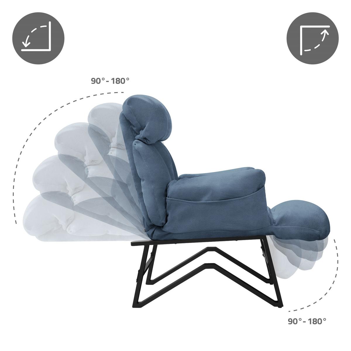 SESSEL mit Liegefunktion Blau Leinenbezug Relaxsessel verstellbar für Wohnzimmer - Blau/Schwarz, Textil/Metall (85/102/82cm) - ML-DESIGN