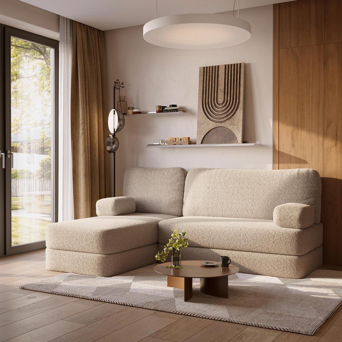 ECKSOFA SABI modulares Boneless Sofa mit Schlaffunktion Beige Boucle-Stoff - Beige, Textil (200/120cm) - MASSENO