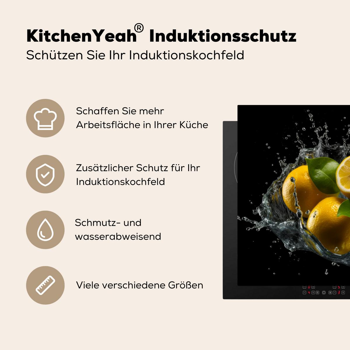 HERDABDECKPLATTE Zitrone - Obst - Gelb - Schwarz Herdabdeckung Induktionsfeld 75x52 cm - Gelb, Kunststoff (75/52/0.2cm) - MuchoWow