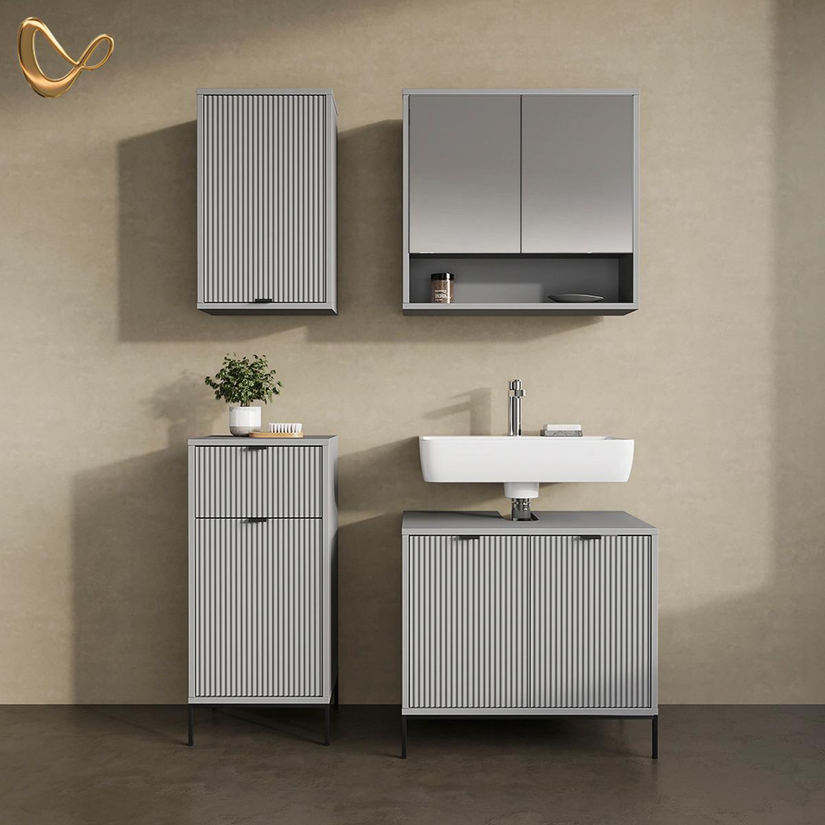 BADSPIEGELSCHRANK ATERNO Grau 70 x 65 cm mit 2 Türen - Grau, Holzwerkstoff (70/65/22.1cm) - Livinity®