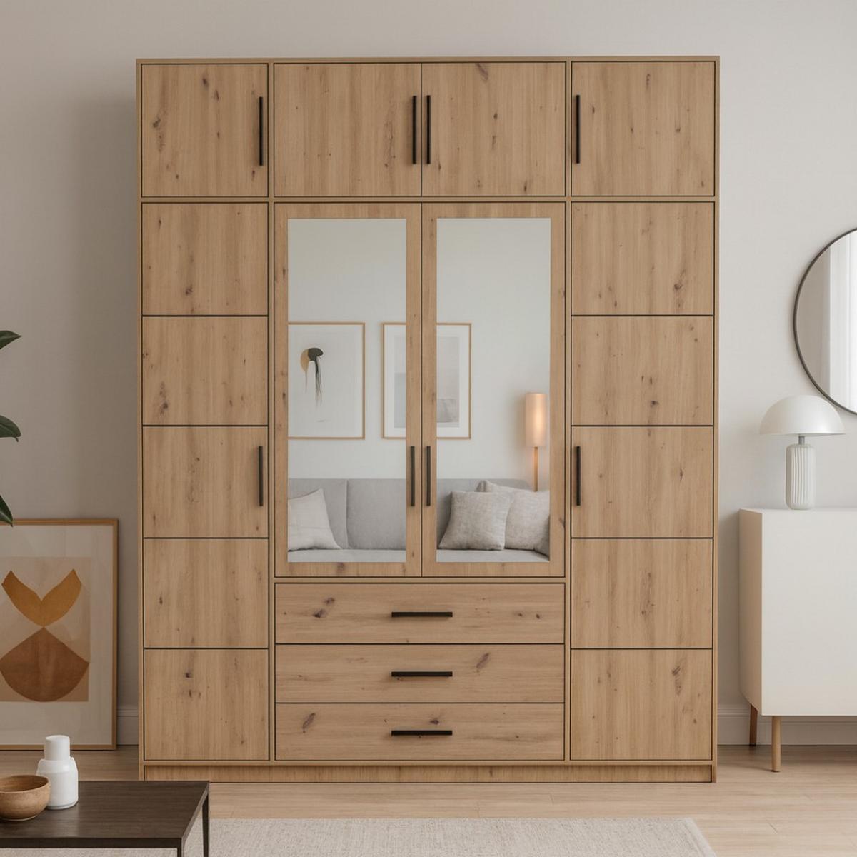 DREHTÜRENSCHRANK Kavo mit Aufsatz, Spiegel und 4 Türen, eiche Artisan - Schwarz/Eiche Artisan, Holzwerkstoff (200/245/58cm) - Beautysofa