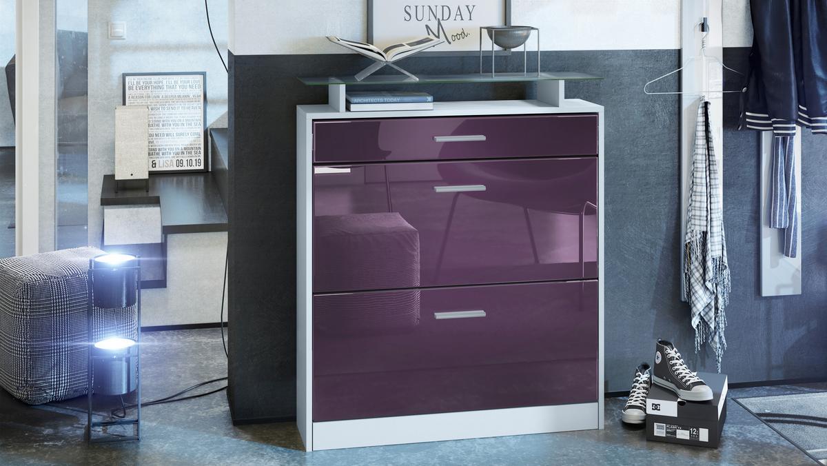 SCHUHSCHRANK Loret Front in Brombeer Hochglanz - Brombeere, Holzwerkstoff (89/104/23cm) - Vladon
