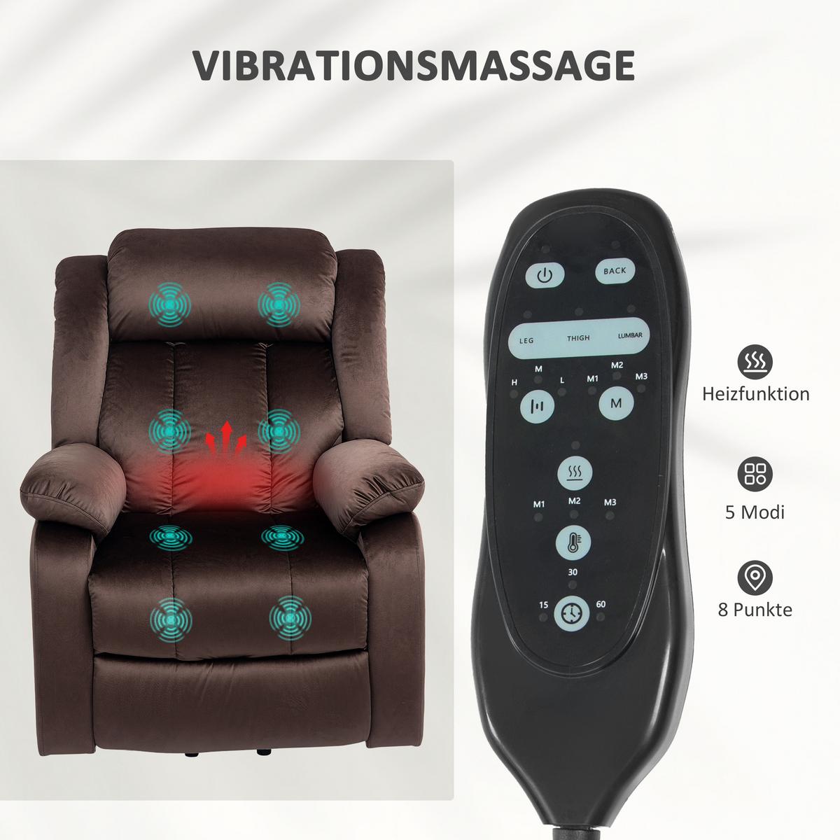 FERNSEHSESSEL mit Aufstehhilfe Relaxsessel mit Liegefunktion, Vibrationsmassage - Schwarz/Braun, Textil/Metall (88/106/95cm) - HOMCOM