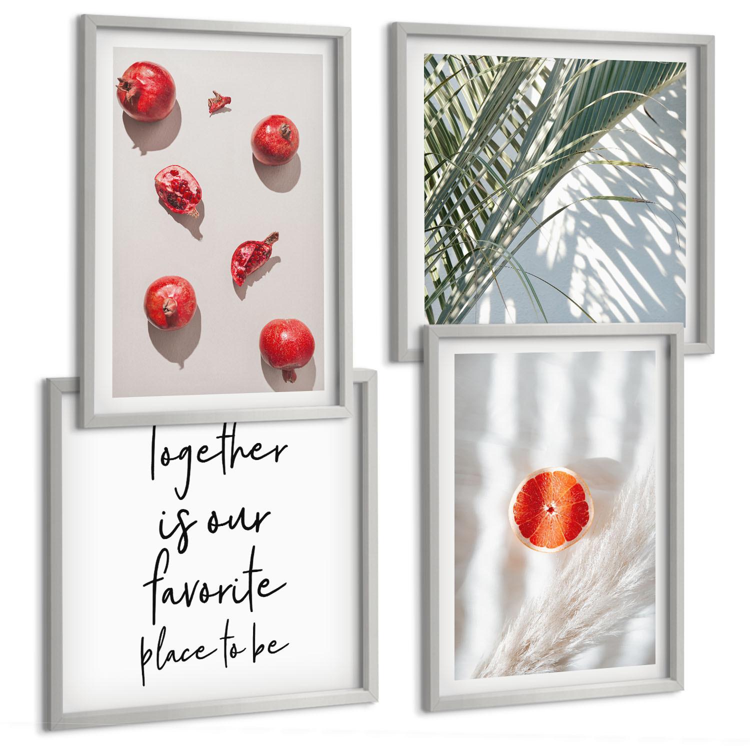 BILDER SET 4er Set - 50x50 cm & 40x60 cm Silberner Rahmen - Feiertags-Palmenfrucht-Inschrift - Silberfarben, Kunststoff (50/50cm) - TULUP