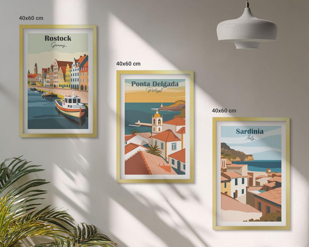 BILDER SET 3er Set - 40x60 cm Goldrahmen - Ansichten europäischer Küstenstädte - Goldfarben, Kunststoff (40/60cm) - TULUP