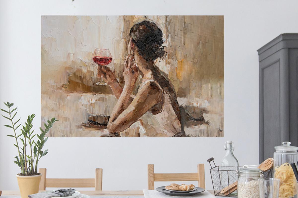 WANDTATTOO Ölgemälde - Frau - Wein Wandsticker 120x80 cm - Hellbraun, Kunststoff (120/80/0.1cm) - MuchoWow