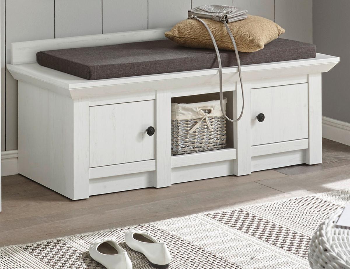 GARDEROBENBANK Pinie weiß 124 cm, Landhaus Schuhbank mit Stauraum - Schwarz/Weiß, Holzwerkstoff/Metall (124/42/45cm) - Furn.Design