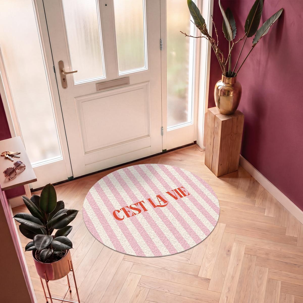 FUSSMATTE Zartrosa – Rot – Streifen – C'est La Vie 120x120 cm - Rosa, Kunststoff (120/0.4cm) - MuchoWow