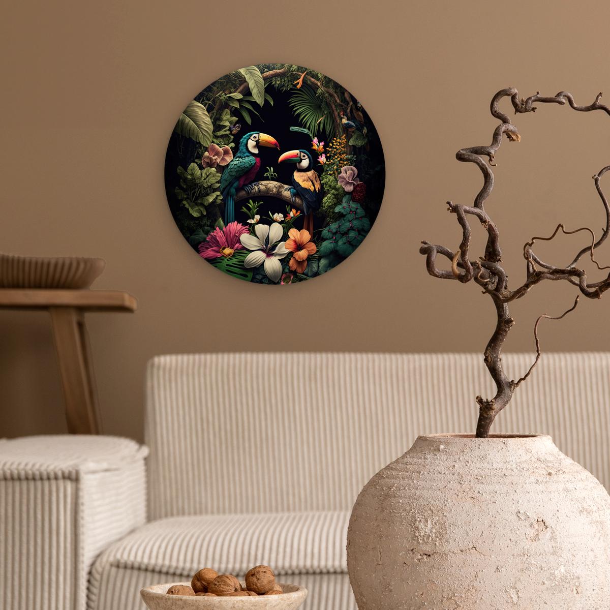 WANDBILD Vogel - Blumen - Pflanzen - Dschungel - Schwarz - Tukan Deko Wohnzimmer 30x30 cm - Smaragdgrün, Kunststoff (30/30cm) - MuchoWow