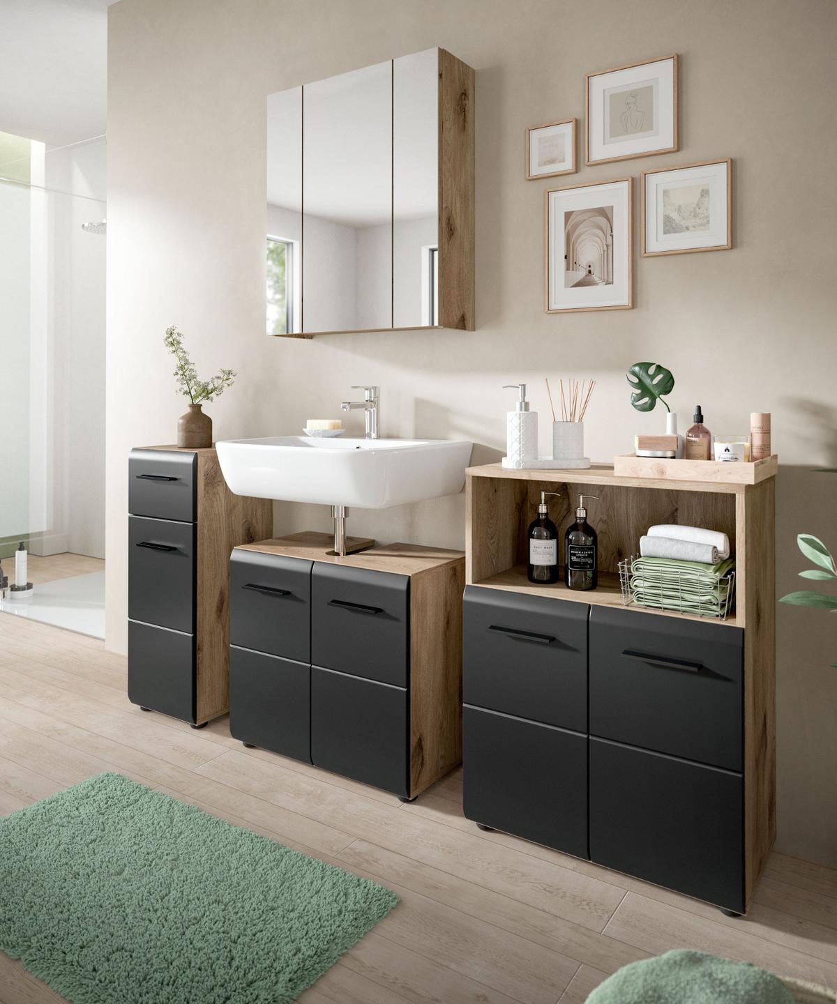 BADMÖBEL-SET 2-teilig schwarz matt, Eiche Nox, Set für Badezimmer und Gäste-WC, Breite 60 cm - Eichefarben/Schwarz, Glas/Holzwerkstoff (60/185/30cm) - Inn.Furn