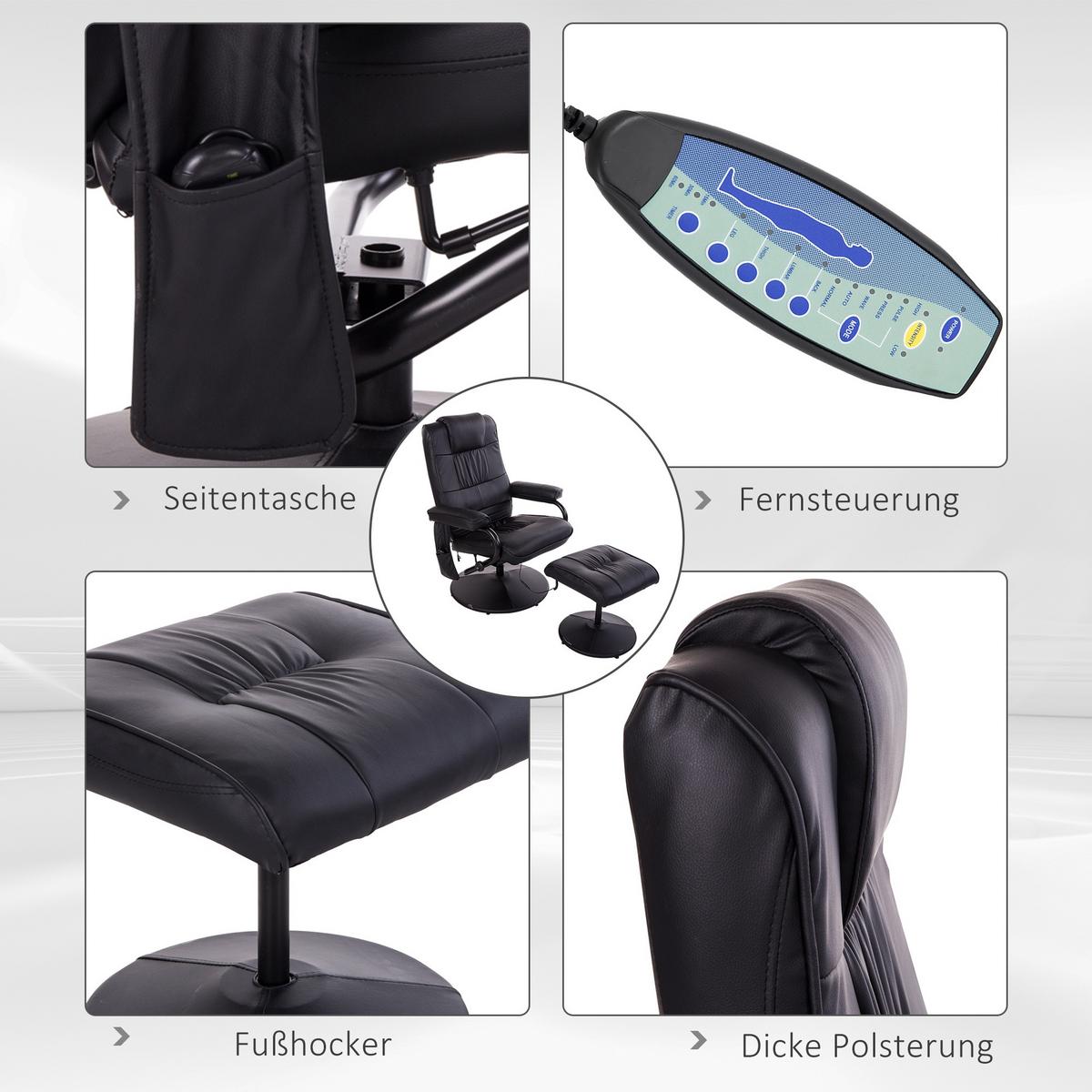 MASSAGESESSEL mit Hocker, Relaxsessel mit Liegefunktion, Massagefunktion Schwarz - Schwarz, Leder/Kunststoff (84/95/77cm) - HOMCOM