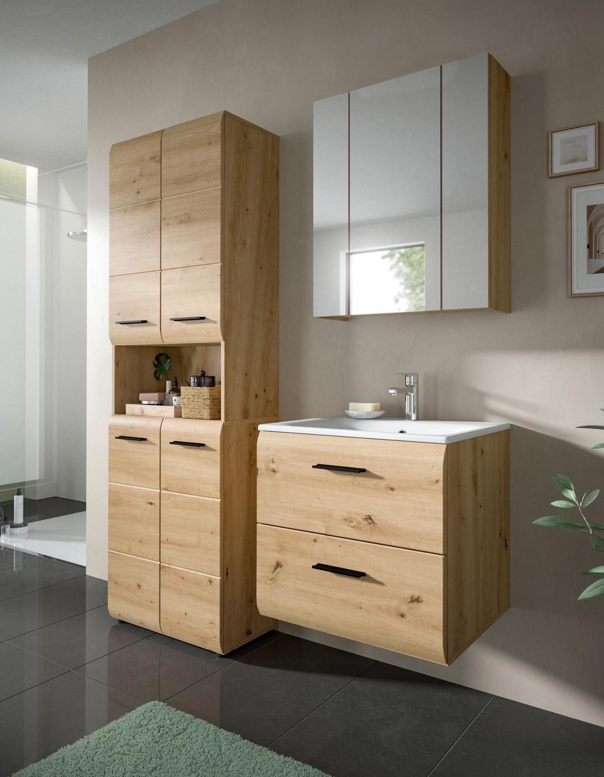 BADMÖBEL-SET 3-teilig in Artisan Eiche, Badkombination inkl. Waschbecken, 135 x 185 cm Cover - Schwarz/Eiche Artisan, Glas/Keramik (135/185/30cm) - Inn.Furn