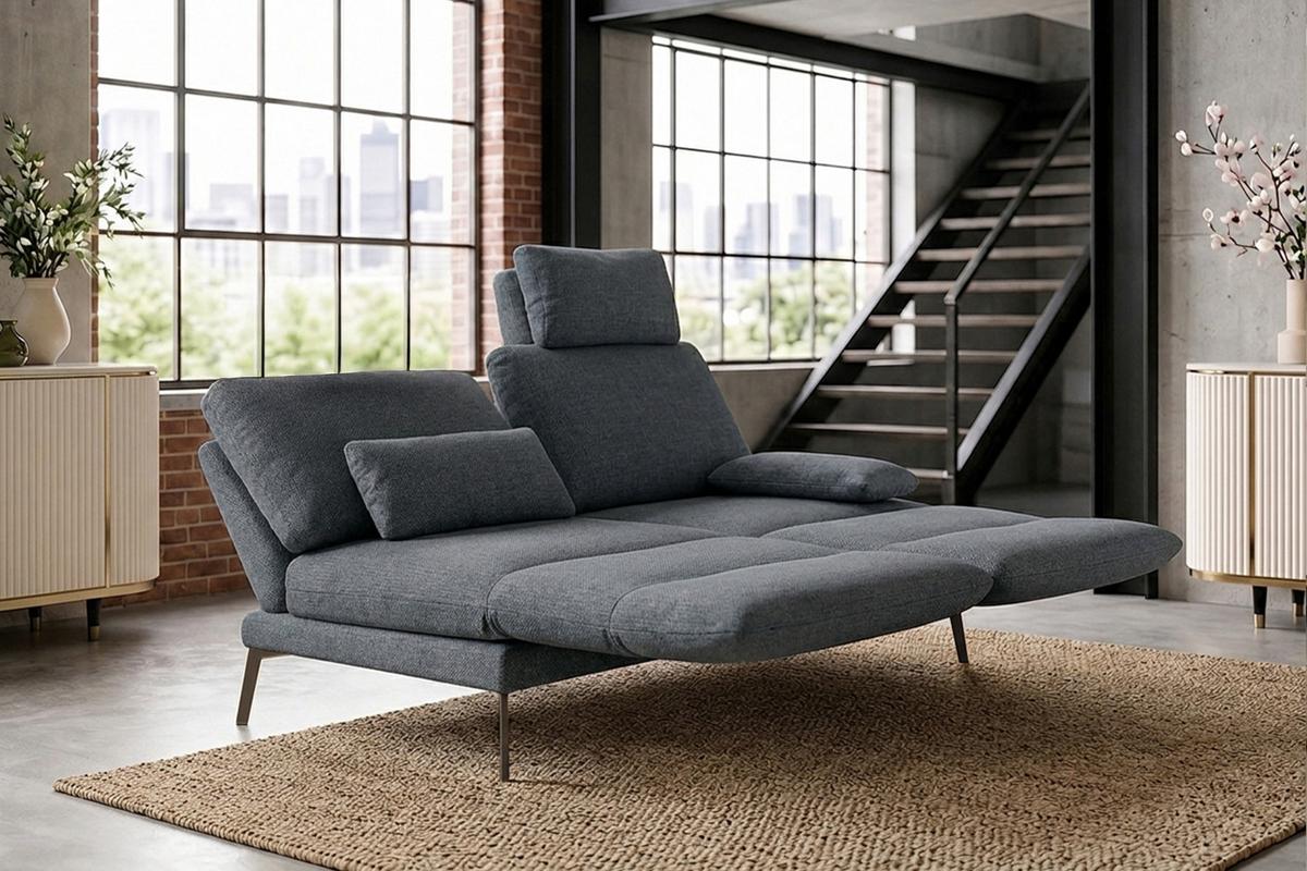 SOFA HOLLY Anthrazit Flachgewebe - Anthrazit/Braun, Textil/Metall (176/90/92cm) - KAWOLA