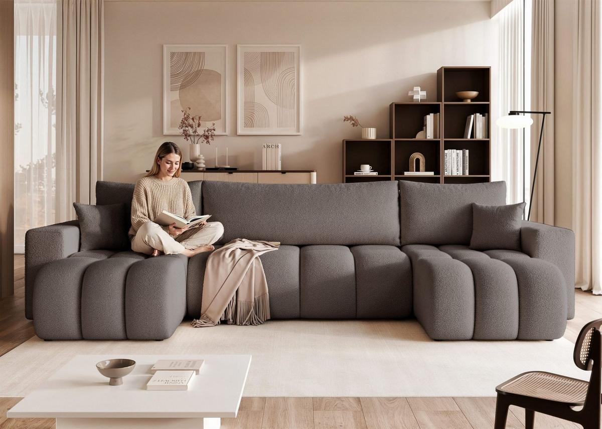 WOHNLANDSCHAFT Anabel Schlaffunktion - Dunkelgrau, Holzwerkstoff/Textil (318/79/145cm) - Fun Möbel