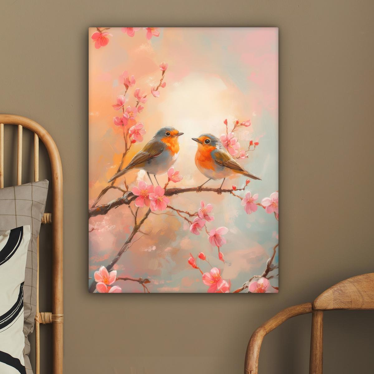 LEINWANDBILD Rotkehlchen - Zierpflanze - Blütenzweig Wandbild Wohnzimmer 60x80 cm - Hellrosa, Textil (60/80cm) - MuchoWow