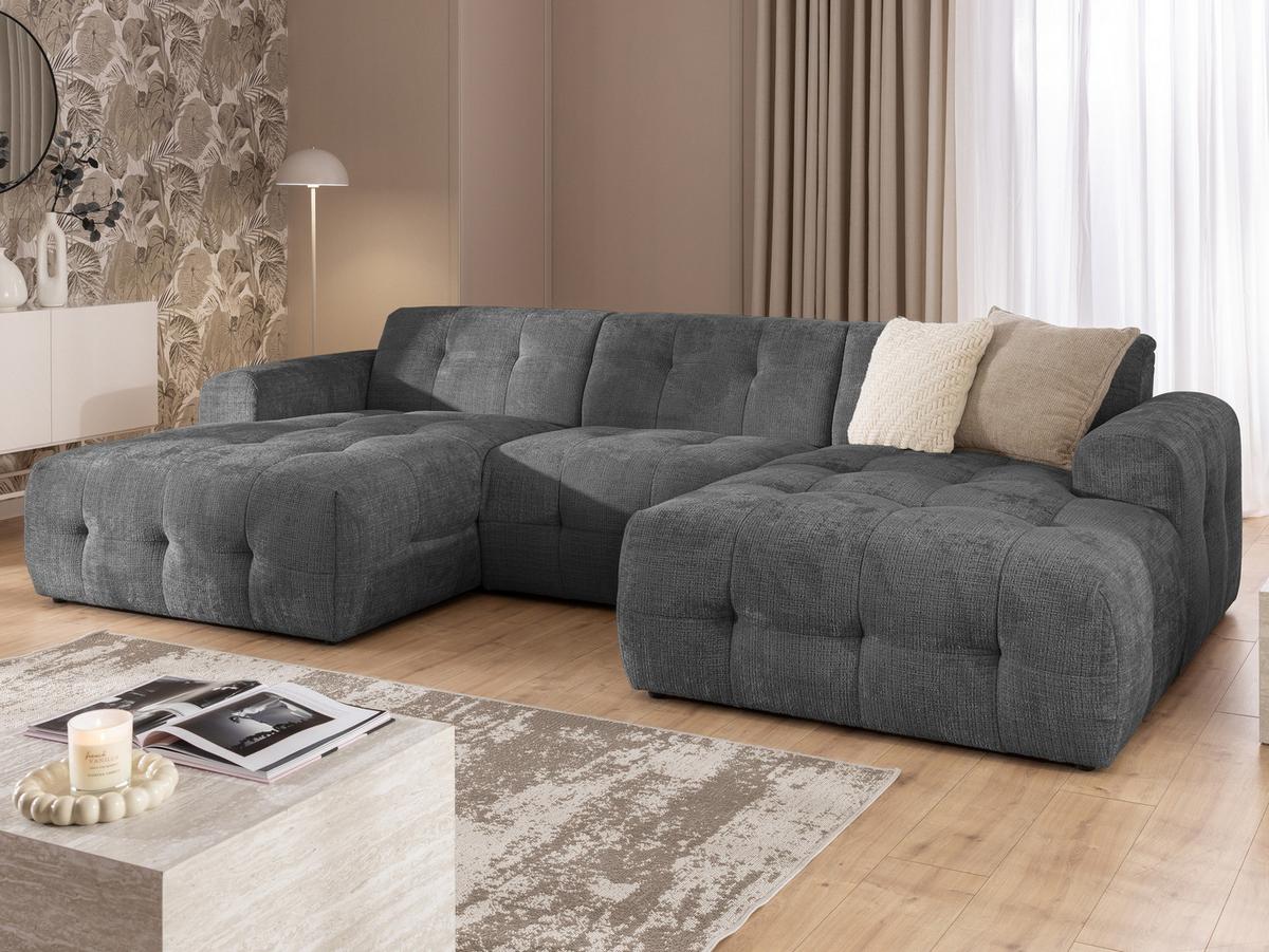 WOHNLANDSCHAFT Kozy im Bumpy-Design mit fester Rückenlehne aus weichem Grau Chenille-Stoff - Schwarz/Grau, Holz/Kunststoff (323/79/161cm) - S-Style