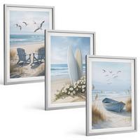 BILDER SET 3er Set - 40x60 cm Silberner Rahmen - Strand Surfbretter Vögel - Silberfarben, Kunststoff (40/60cm) - TULUP