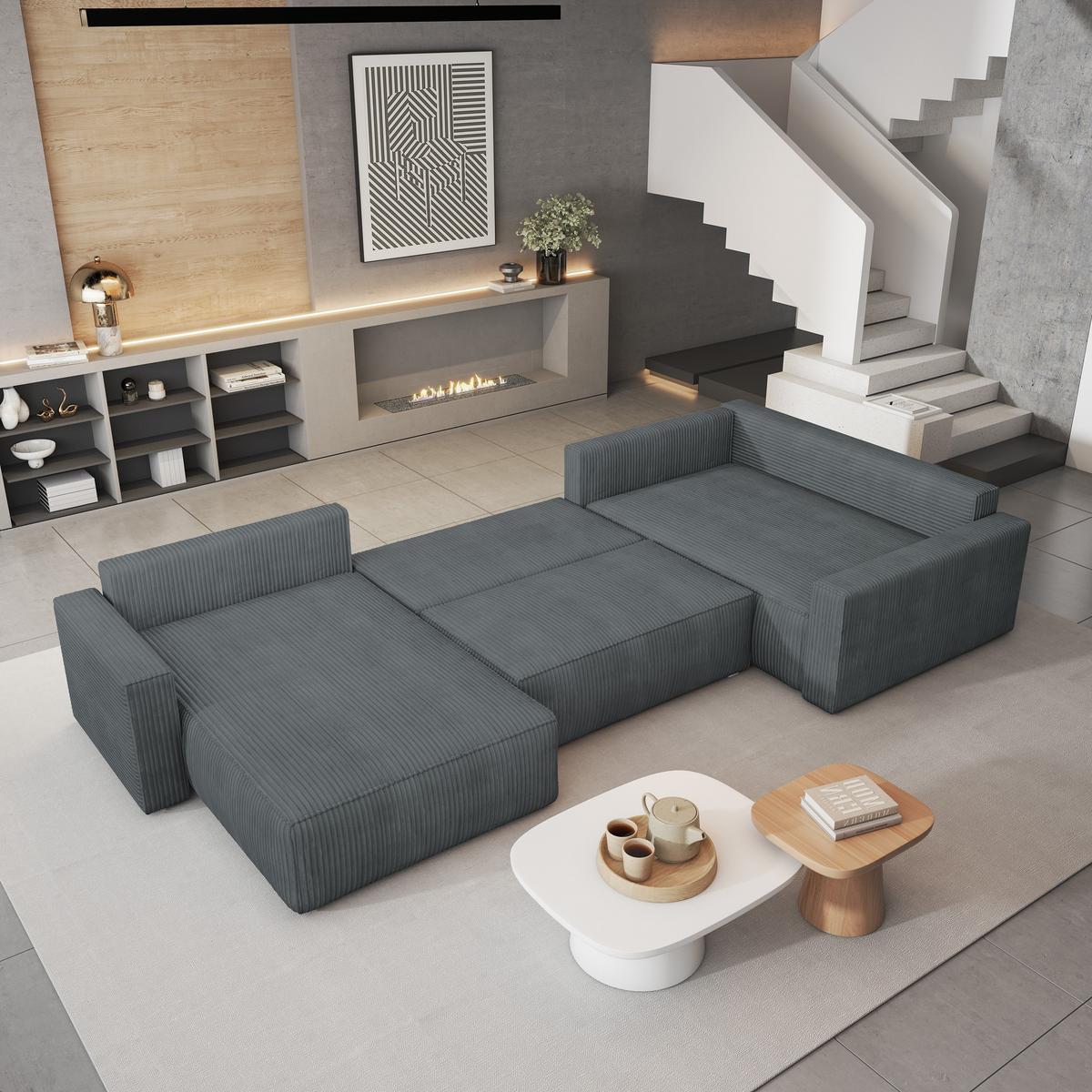 WOHNLANDSCHAFT VELAMI R-S Grau Kordstoff mit Schlaffunktion - Grau, Holz (365/83/194cm) - MASSENO
