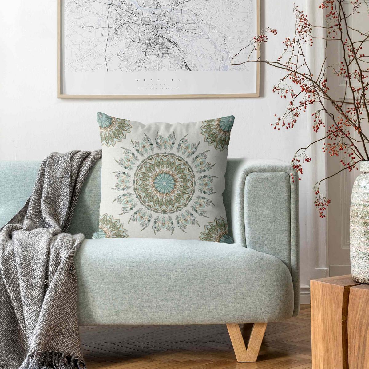 DEKOKISSEN Mandala Aquarell Federn Muster blau grün 50/50 cm - Blau, Textil (50/50/10cm) - Bilderwelten