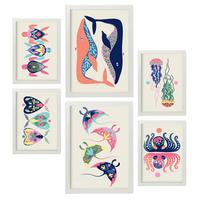 POSTER Set Mit 6 Wasserkreaturen In Tiere Zusammenfassungen A3 & A4 Weißer Rahmen - Weiß, Papier (29/3cm) - Nacnic