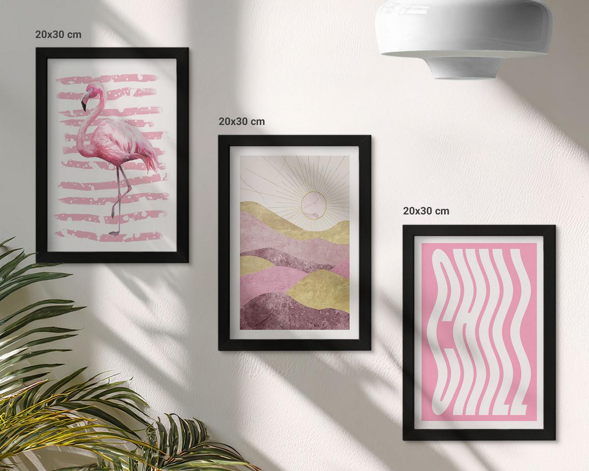 BILDER SET 3er Set - 20x30 cm Schwarzer Rahmen - Pastelllandschaft mit rosa Flamingos - Schwarz, Kunststoff (20/30cm) - TULUP