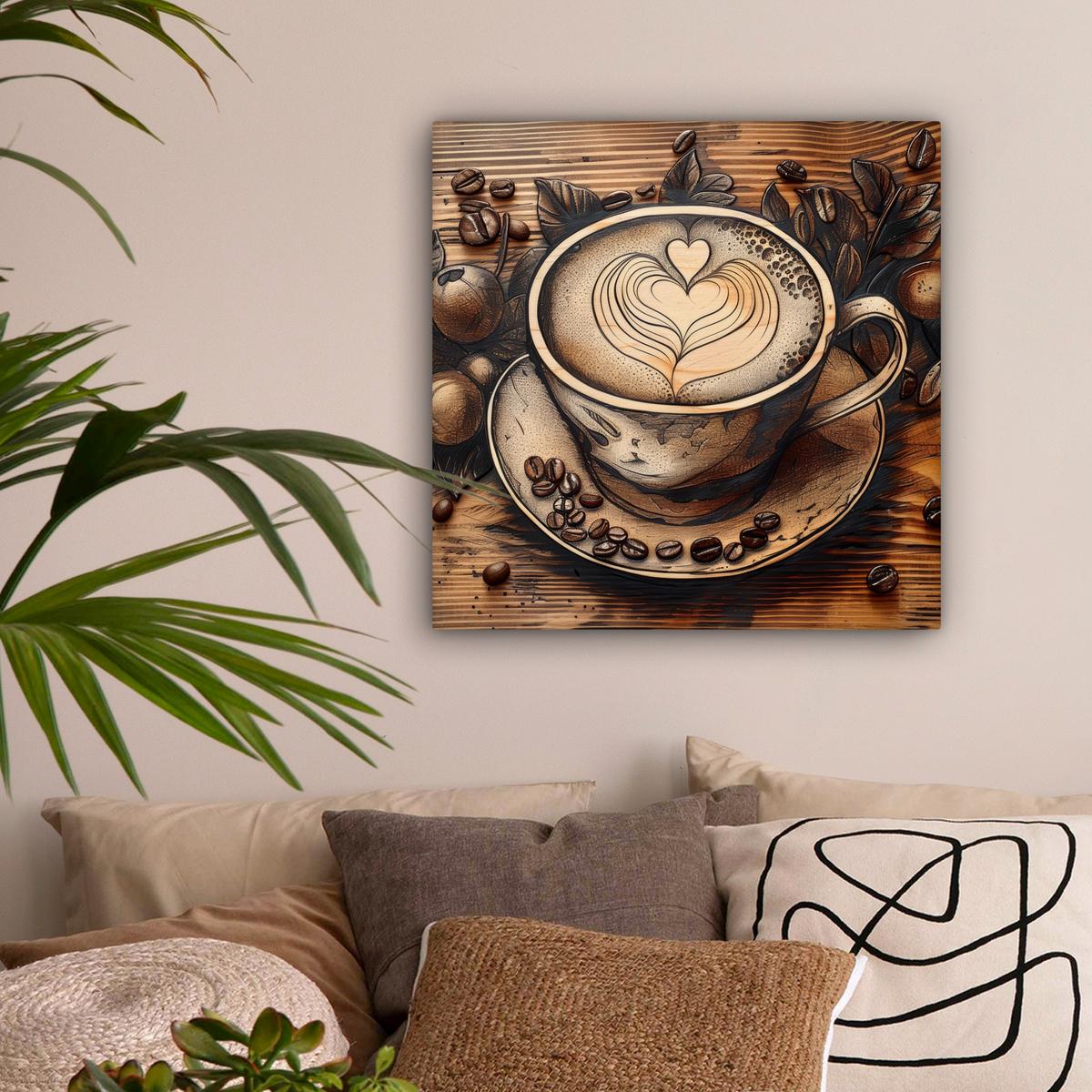 LEINWANDBILD Kaffee - Vintage - Braun - Tasse - Holz Wandbild Wohnzimmer 50x50 cm - Braun, Textil (50/50cm) - MuchoWow