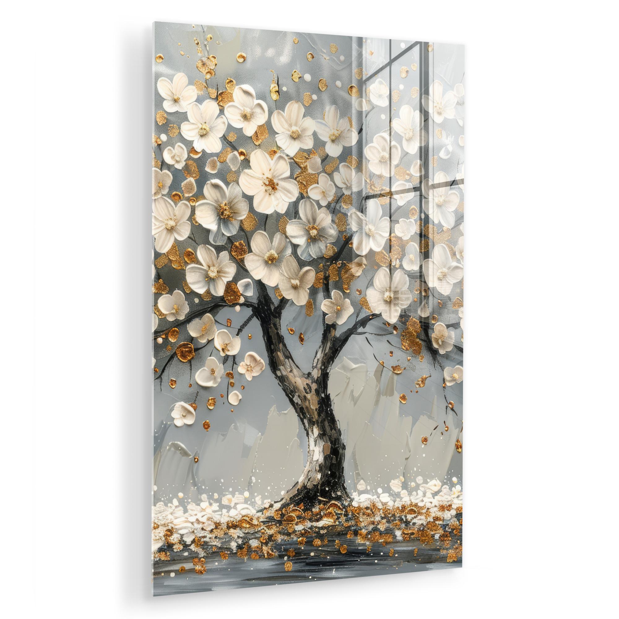 ACRYLGLASBILD Baum - Blumen - Weiß - Natur - Kunst 80x120 cm - Weiß, Glas (80/120cm) - MuchoWow