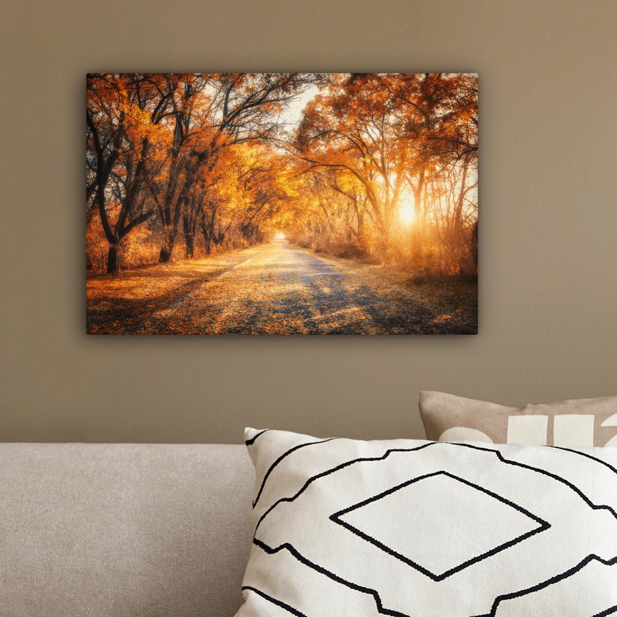 LEINWANDBILD Wald - Herbst - Bäume - Waldweg - Natur Deko Schlafzimmer 30x20 cm - Bernsteinfarben, Textil (30/20cm) - MuchoWow