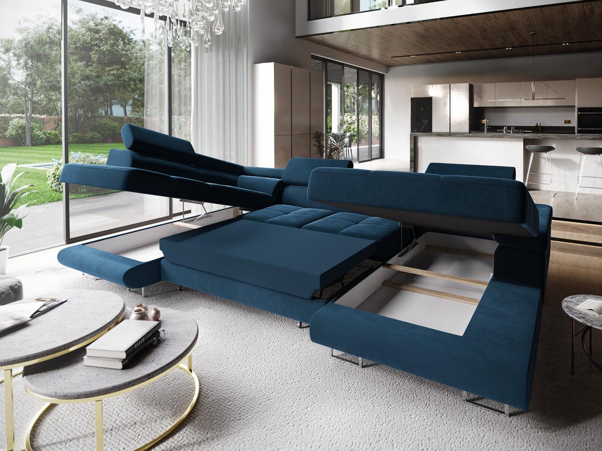 WOHNLANDSCHAFT CASONE L-S Blau Velours-Stoff mit Schlaffunktion - Blau/Silberfarben, Holz/Textil (345/90/202cm) - MASSENO
