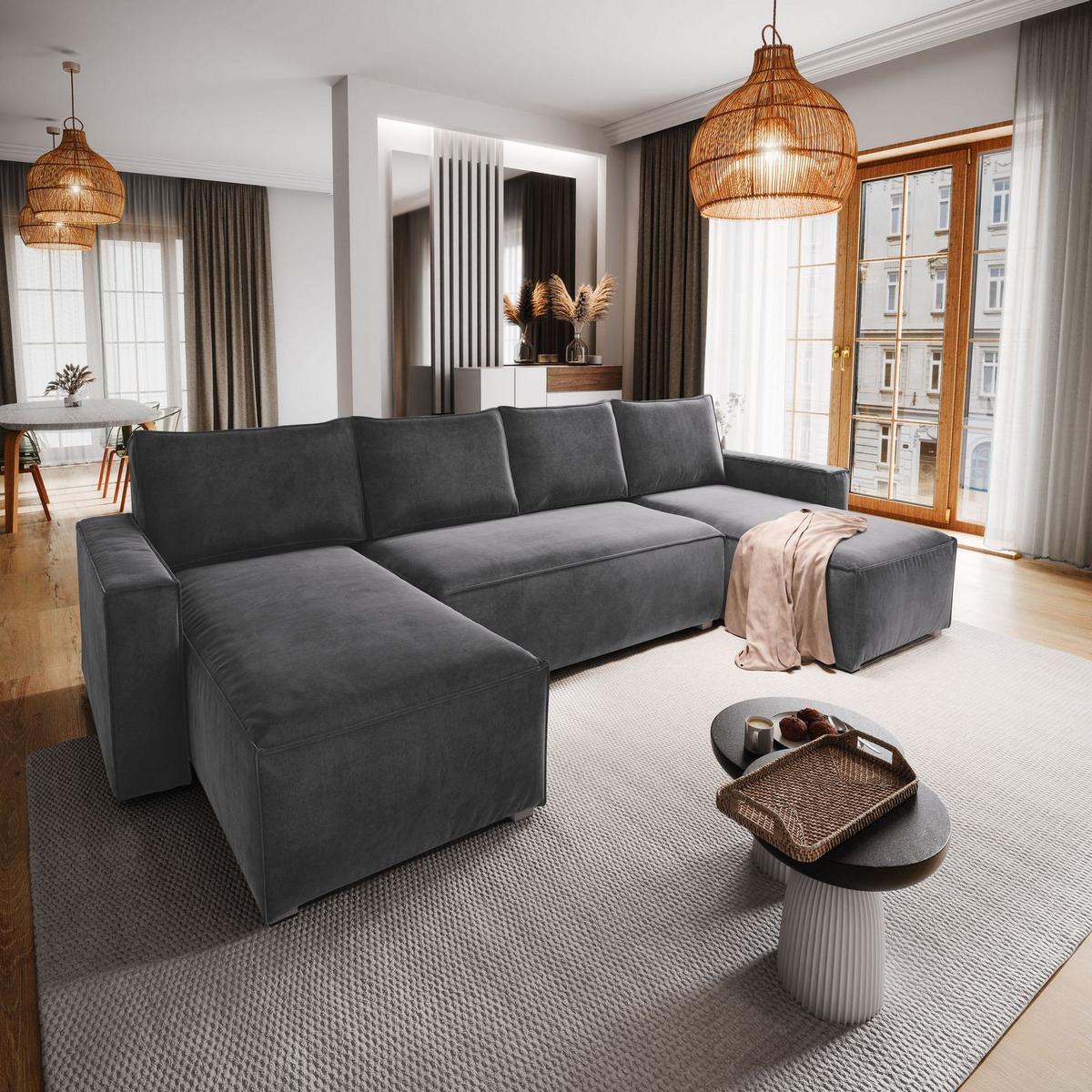 WOHNLANDSCHAFT DENI Grau Velours-Stoff mit Schlaffunktion - Grau, Holz/Kunststoff (295/85/140cm) - MASSENO