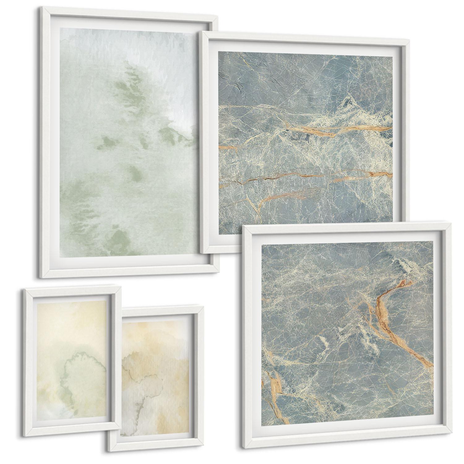 BILDER SET 5er Set - 50x50 cm & 20x30 cm & 40x60 cm Weißer Rahmen - Pastellfarben auf Aquarellleinwand - Weiß, Kunststoff (40/60cm) - TULUP