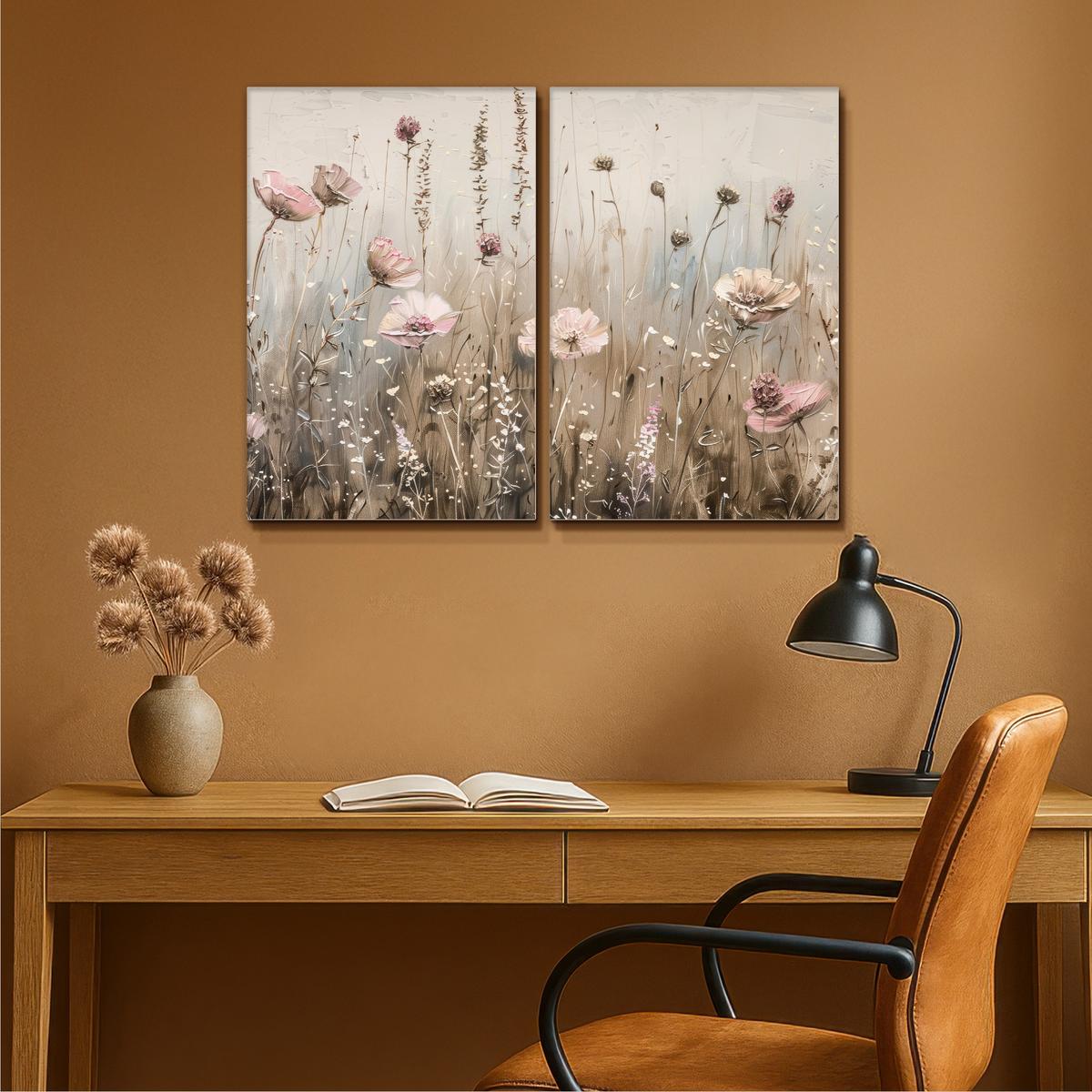 LEINWANDBILD 2er Set Blumen - Beige - Modern - Rosa 80x60 cm - Ecru, Textil (80/60cm) - MuchoWow