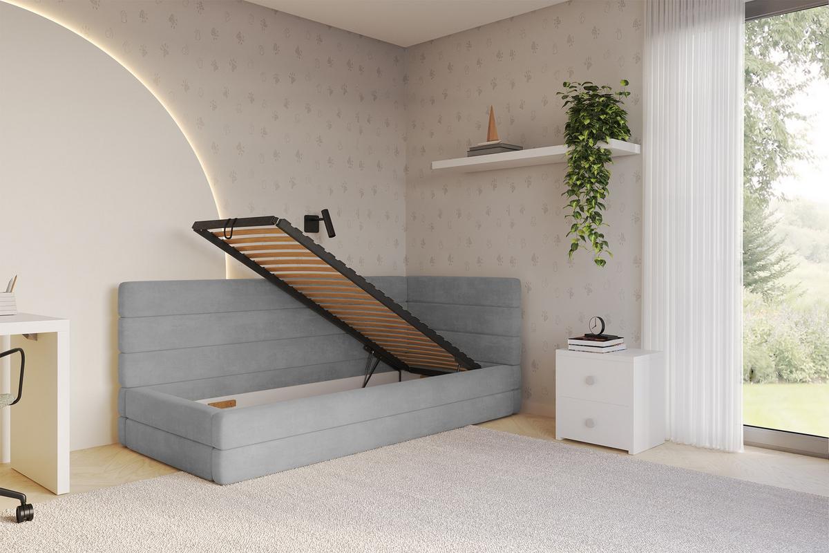 EINZELLBETT Jugendbett mit Bettkasten, Links - BEMY 100x200 Grau - Hellgrau, Holzwerkstoff/Textil (100/200cm) - ALTDECOR