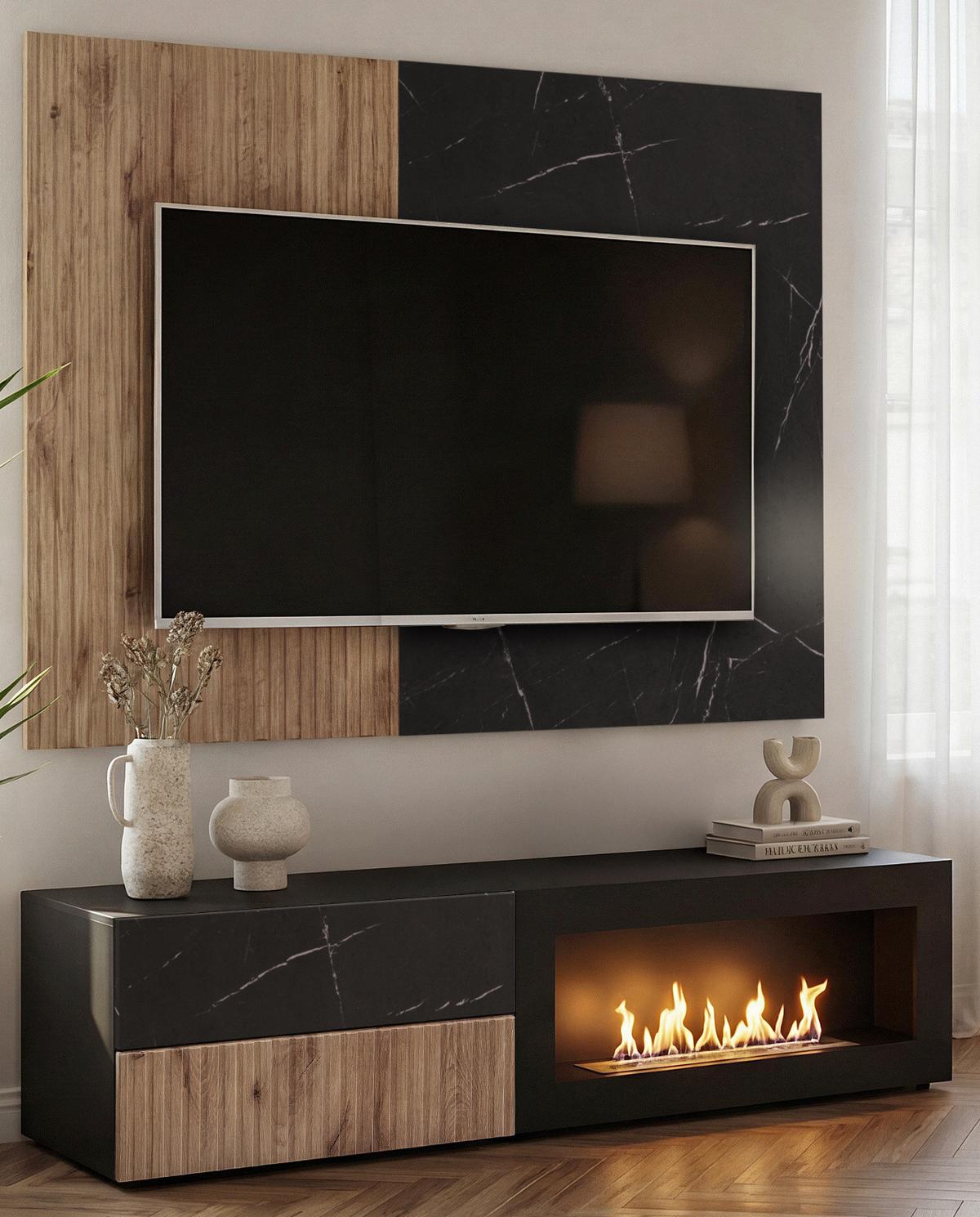 WANDPANEEL schwarz, Vicking Eiche 160 x 118 cm, TV Rückwandverkleidung mit schwarzer Mamor-Optik - Eichefarben/Schwarz, Holzwerkstoff (160/118/1.6cm) - Inn.Furn