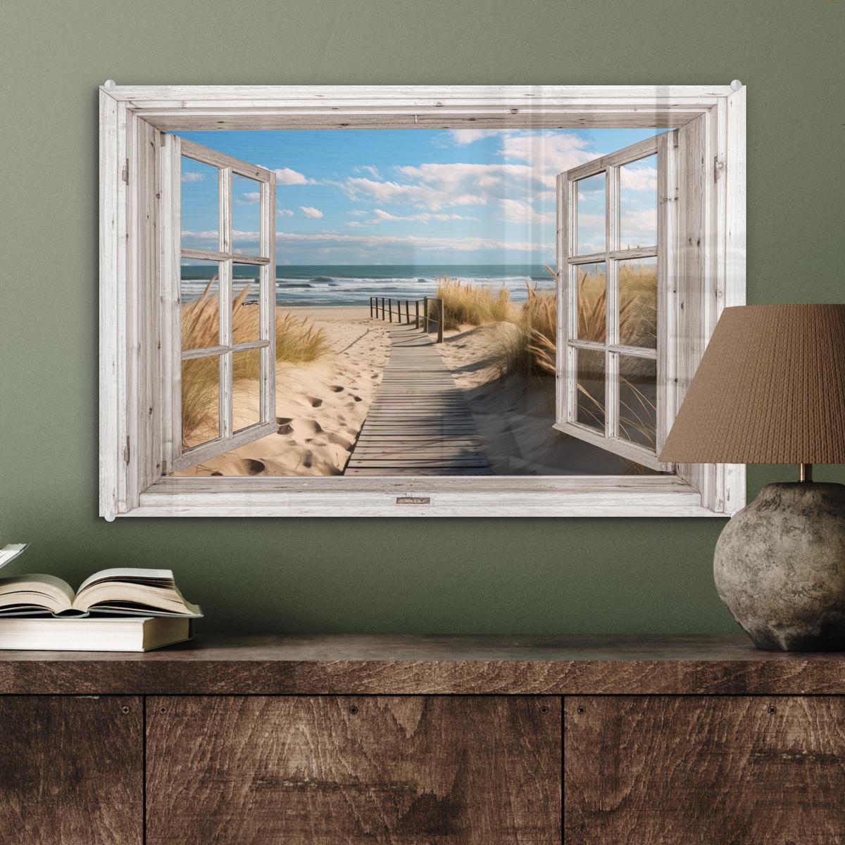 ACRYLGLASBILD Fenster - Meer - Küste - Natur - Ausblick - Strand - Wattenmeer Wanddeko 60x40 cm - Beige, Glas (60/40cm) - MuchoWow