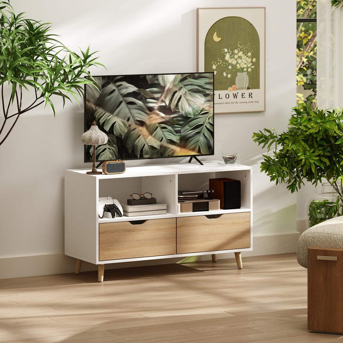 TV-SCHRANK Lowboard mit 2 Ablage, Schublade, Weiß - Weiß, Holzwerkstoff (39/58.3/99cm) - HOMCOM