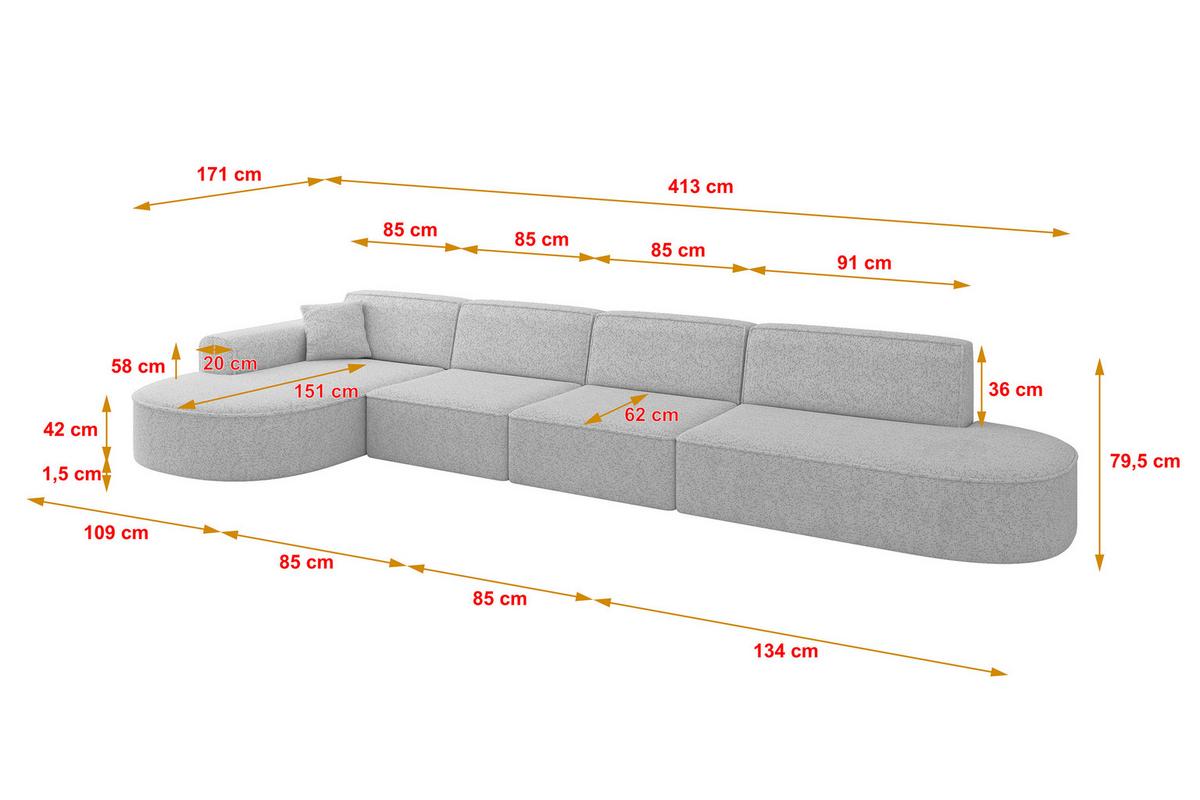 ECKSOFA Ottomane Links MARI-L3 - 413x171x79 cm Grau Tissu - Schwarz/Grau, Holzwerkstoff/Kunststoff (413/171cm) - ALTDECOR