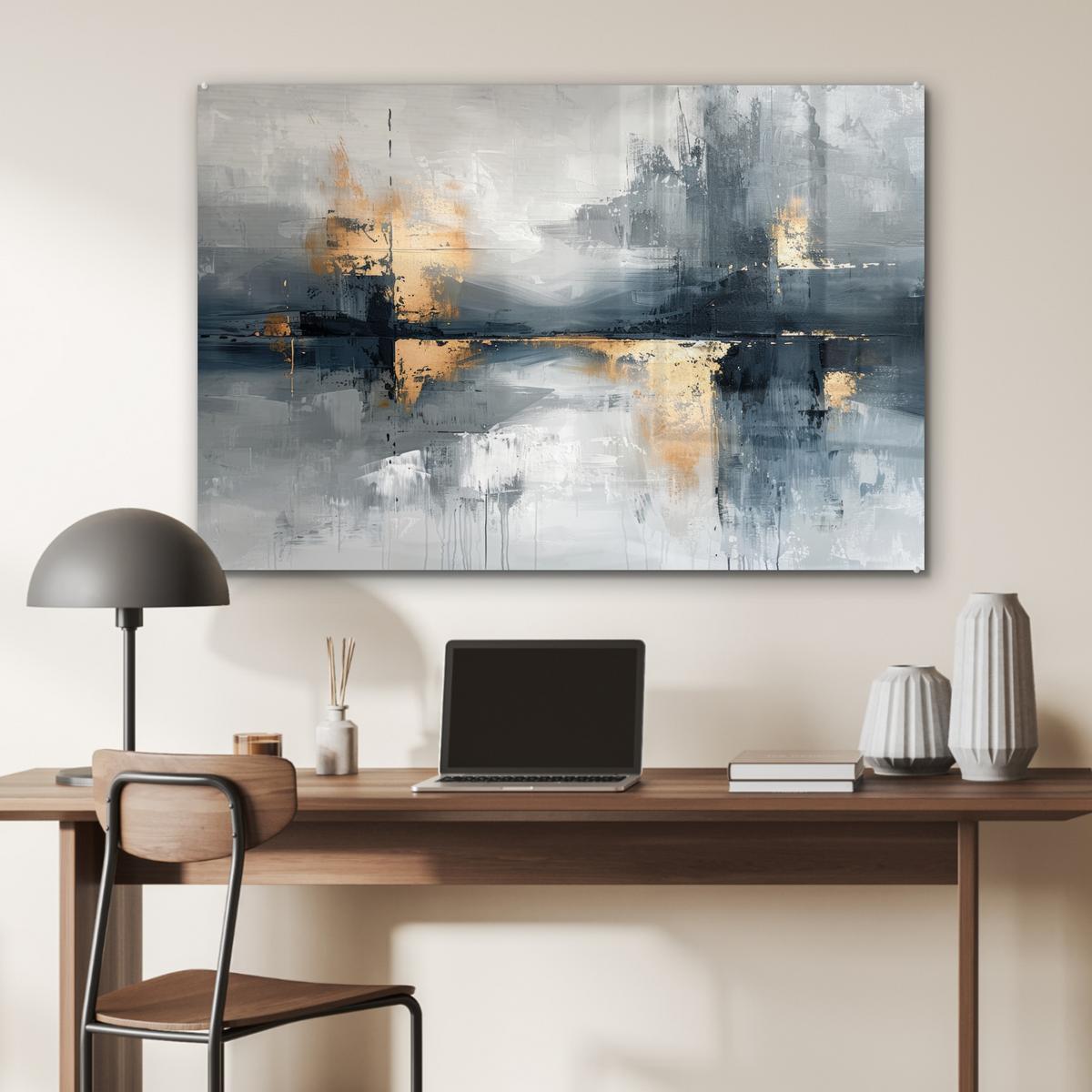 ACRYLGLASBILD Kunst - Grau - Gold - Abstrakt Wandbild Schlafzimmer 120x80 cm - Dunkelgrau, Glas (120/80cm) - MuchoWow