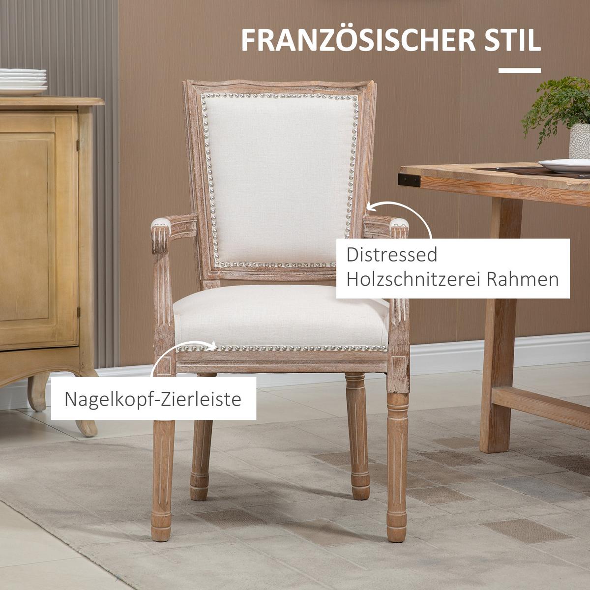ESSZIMMERSTUHL Küchenstuhl mit Armlehne im Vintage Design Leinen Optik - Creme, Holz (59/96/54.5cm) - HOMCOM