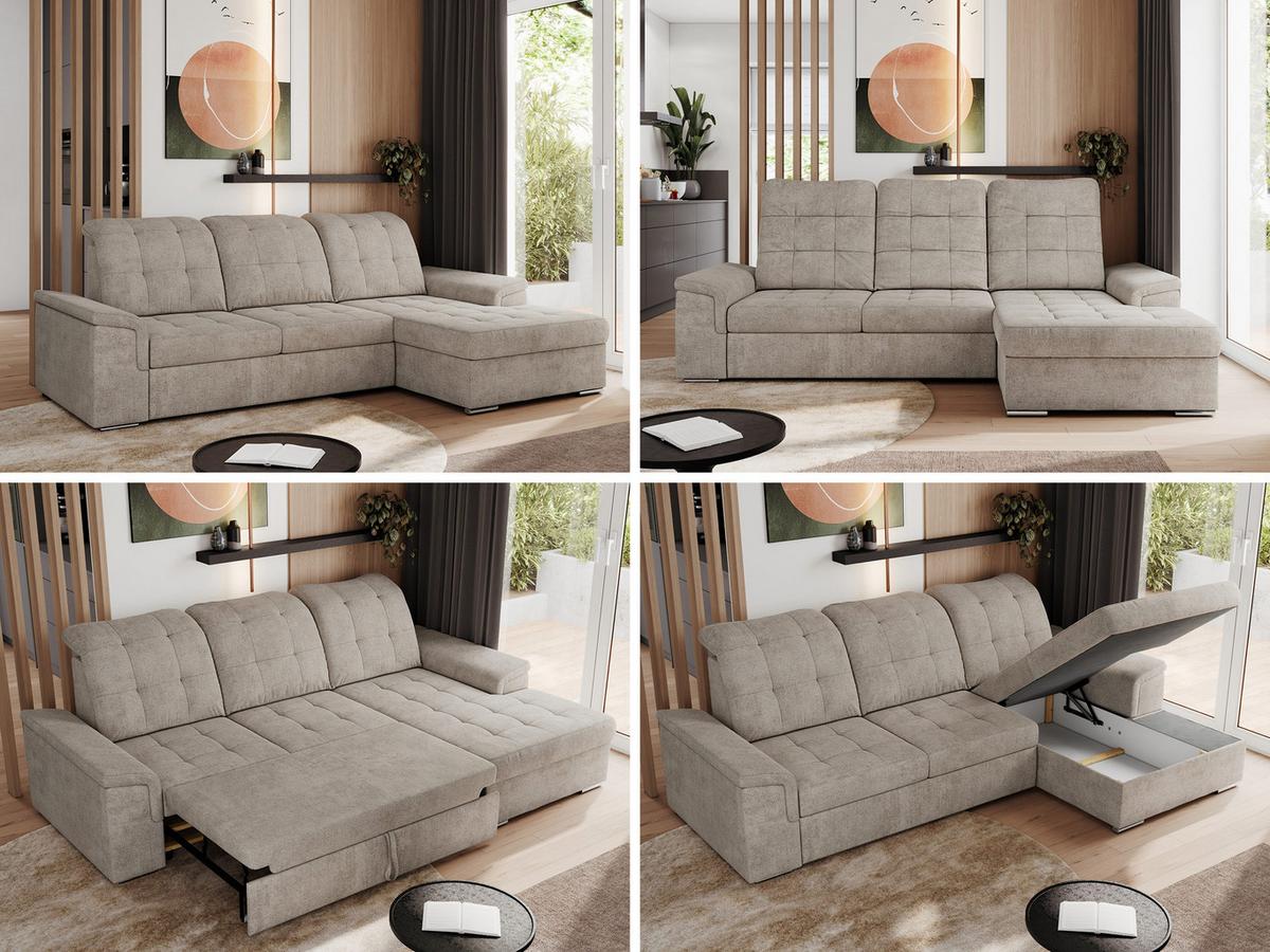 ECKSOFA MADRITO L - Beige Struktur - Rechts - Beige/Silberfarben, Textil/Metall (256/160cm)